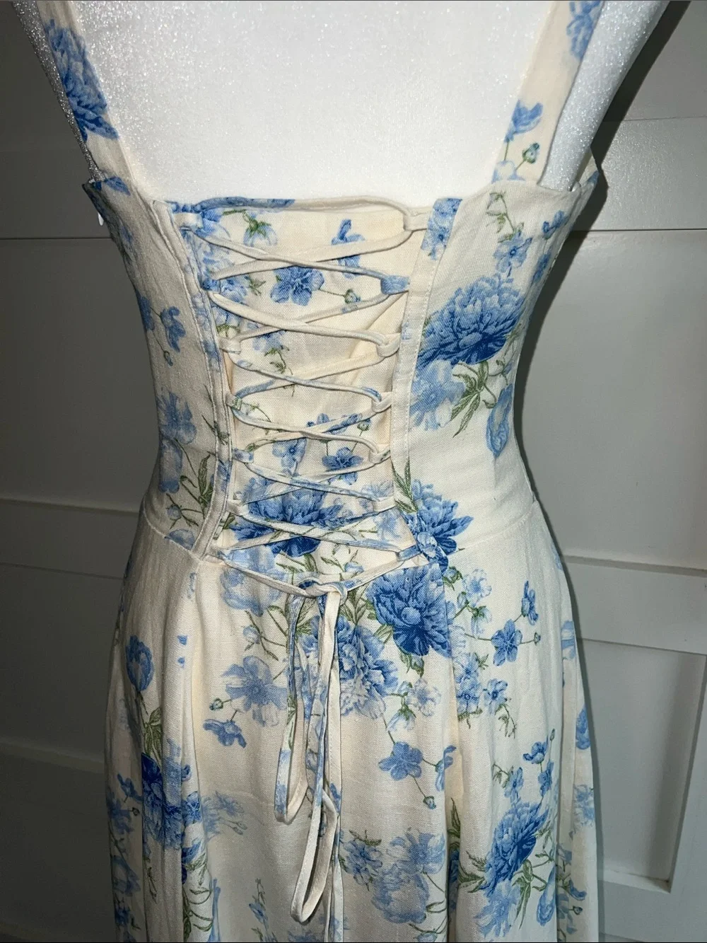 Blue Floral Cream Maxi Dress - Sleeveless Summer Dress - Picture 5 of 8